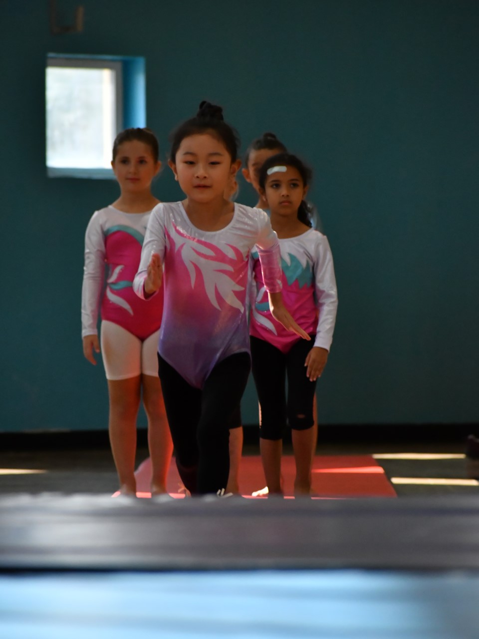 Image for Activities. Small girls preparing to perform gymnastic acts.
